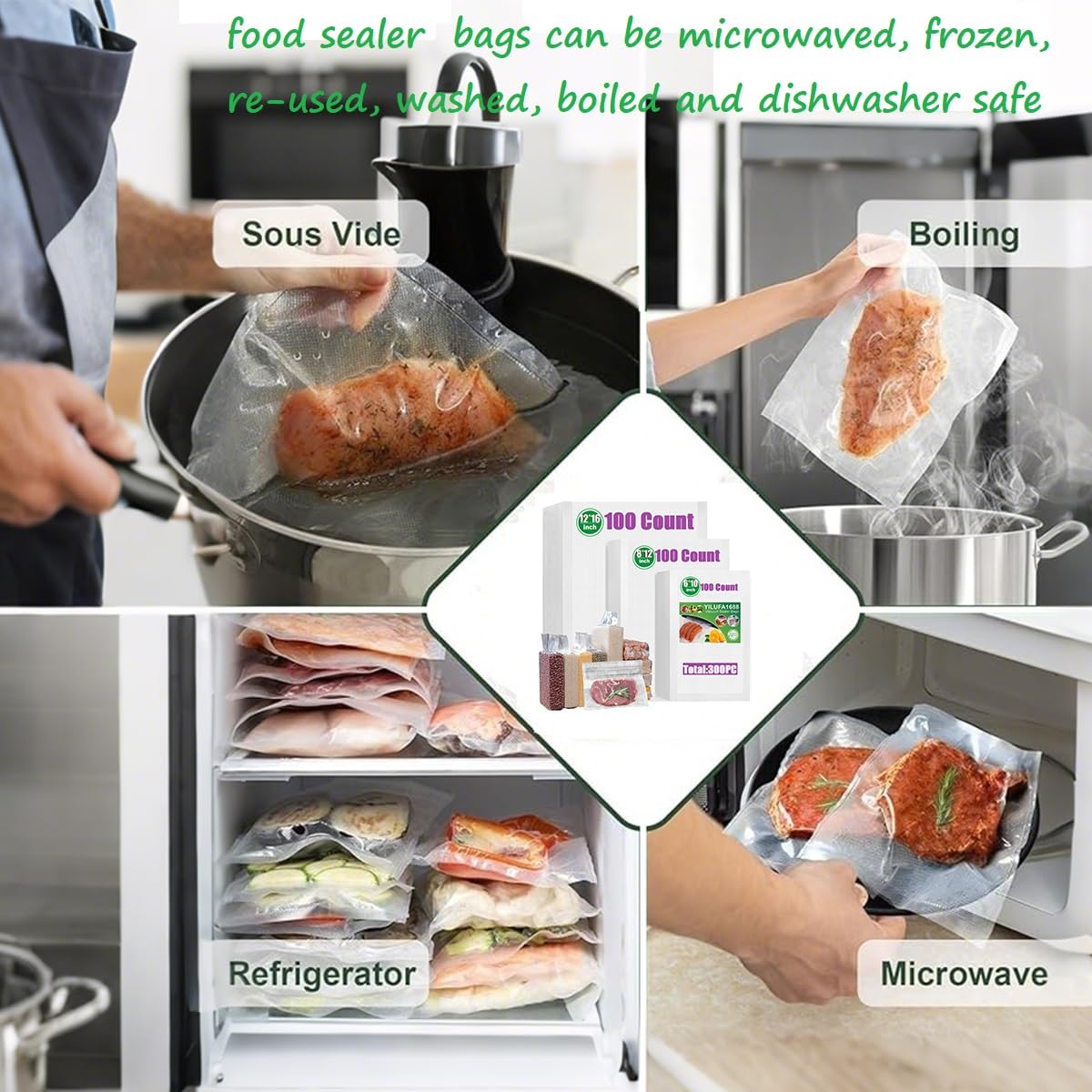 YILUFA1688 Vacuum Sealer Bags 300 Count, Pre-Cut Mixed Sizes (8"x12", 7"x10", 6"x8"), Commercial Grade Heavy Duty BPA-Free Bags, Freezer Safe, Sous Vide & Compatible with All Vacuum Sealers