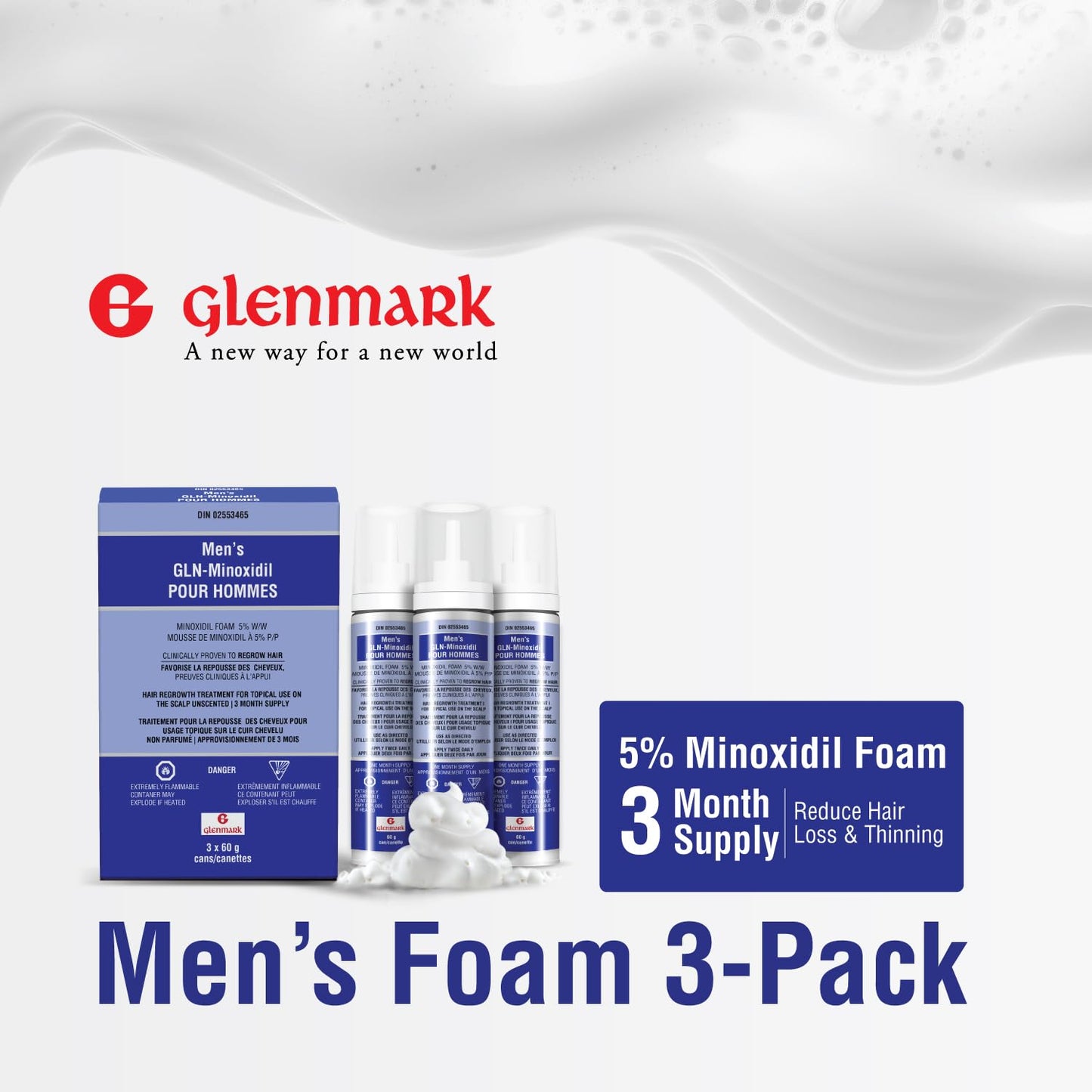 Glenmark | Minoxidil 5% Hair Regrowth Foam for Men, Aerosol Can, 3 Month Treatment (180 gr) – Mess-Free, Fast-Drying Formula for Thinning Hair & Hair Loss – Reactivates Follicles