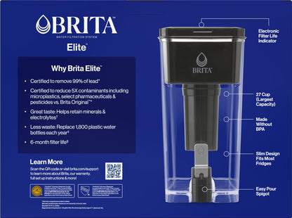 Brita Extra Large 27 Cup Filtered Water Dispenser with 1 Brita Elite Filter, Made Without BPA, UltraMax, Black