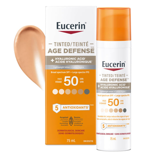 Eucerin Tinted Age Defense SPF 50 Face Sunscreen, Daily Face Sunscreen SPF 50 With Hyaluronic Acid and Antioxidants, Body SPF 50 Lotion with UVA-UVB Sun Protection, Fragrance Free & Non Greasy, 50 ml - Available at All In One Marketplace Canada