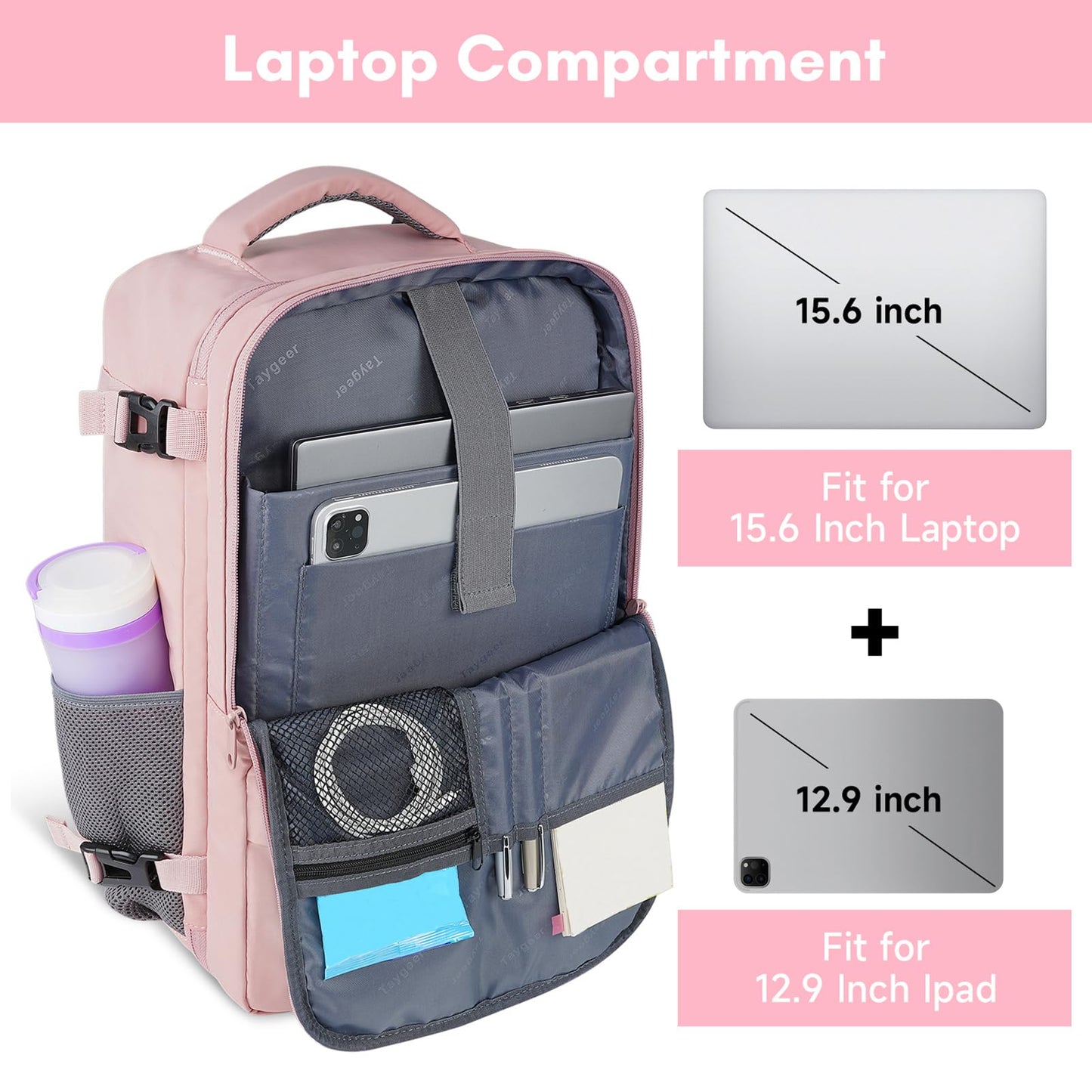 Taygeer Travel Backpack for Women, Carry On Backpack with Shoe Pouch, TSA 15.6inch Laptop Backpack Flight Approved, College Nurse Bag Casual Daypack for Weekender Business Hiking, Pink - Available at All In One Marketplace Canada