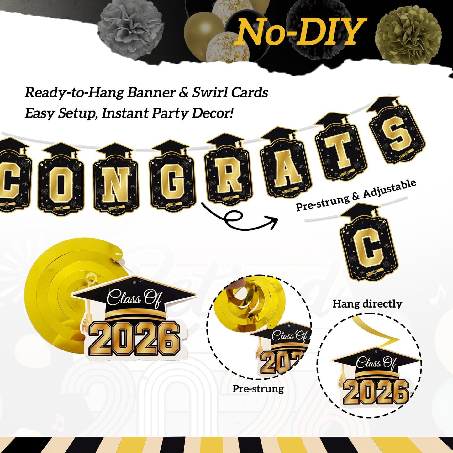 Graduation Decorations 2026 Black Gold 35PCS, Pre-Strung Congrats Grad Banner, Class of 2026 Backdrop, Balloons, Hanging Swirls, Graduation Party Decorations,PRE-ASSEMBLED - Available at All In One Marketplace Canada
