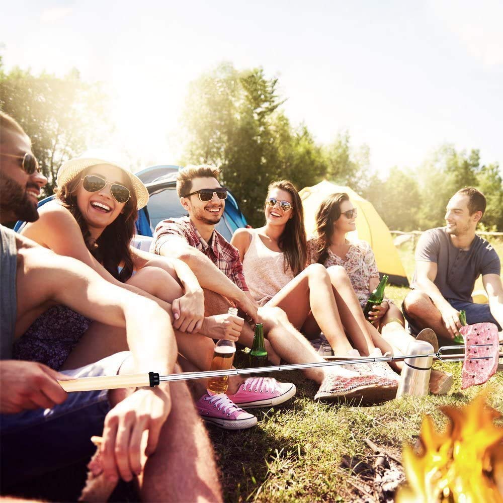 Marshmallow Roasting Sticks, Roasting Sticks with Wooden Handle 32 Inch Extendable BBQ Forks Telescoping Sticks Telescopic Stainless Steel Skewers for Grilling,Campfire (10)