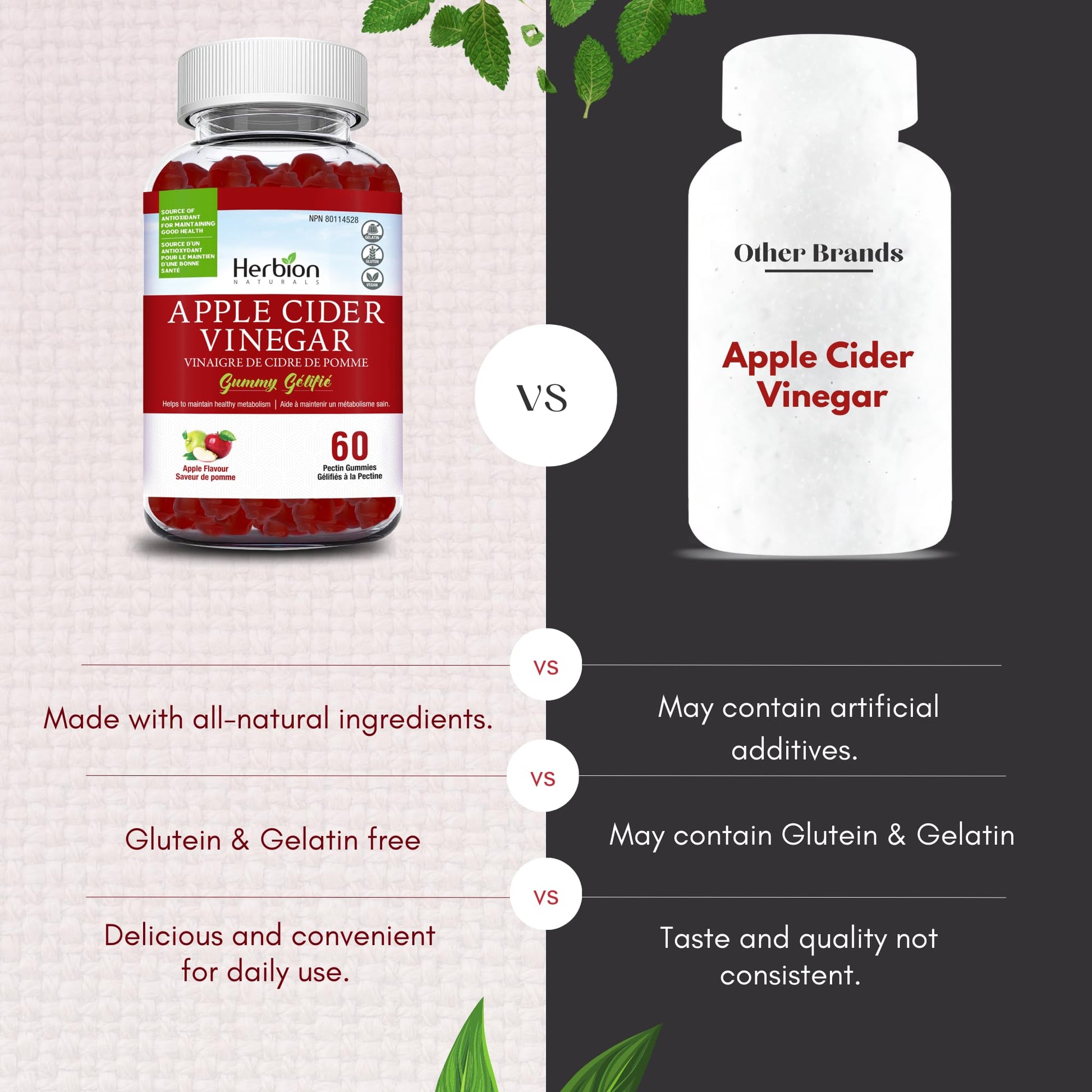 Herbion Naturals Apple Cider Vinegar Gummy with Folic Acid, Pomegranate, Beetroot & vitamin B12, source of Antioxidants to maintain Good Health & Metabolism, 60 Pectin Gummies for Adults, Apple Flavour - Available at All In One Marketplace Canada