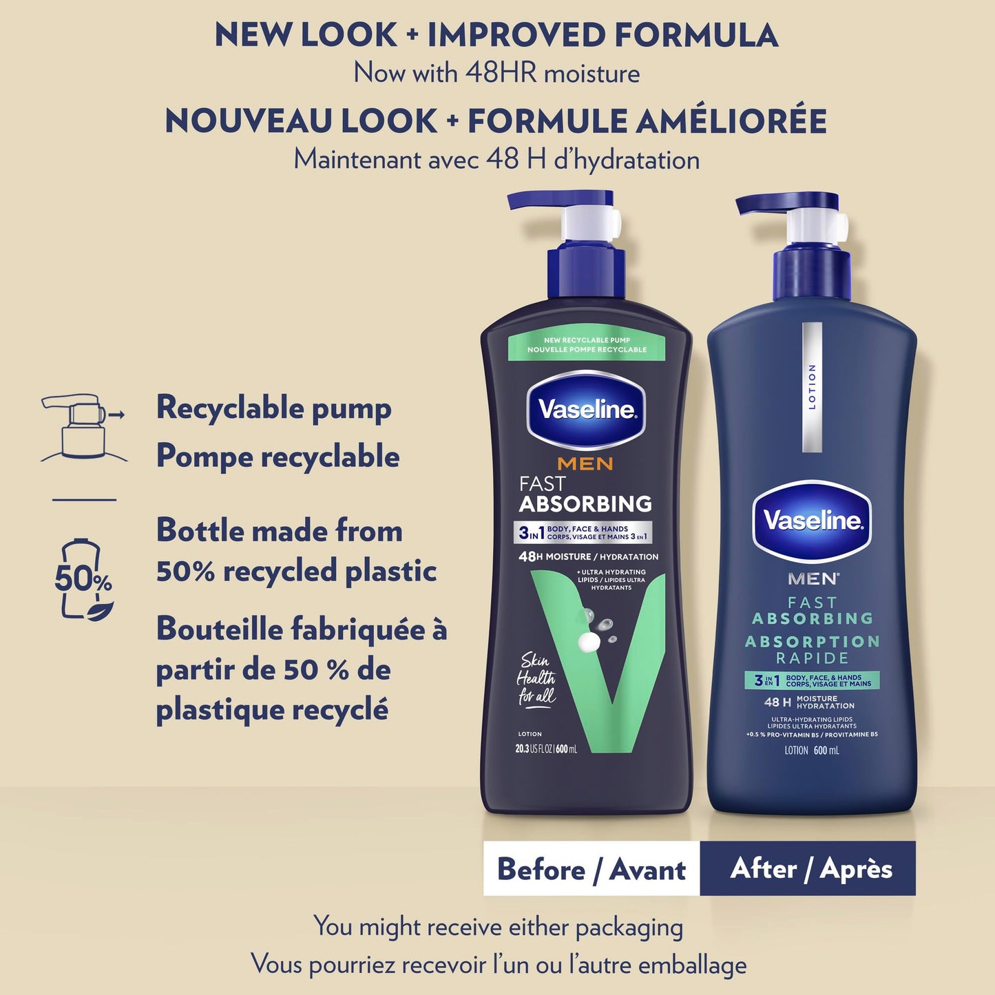 Vaseline Men 3 in 1 Body, Face & Hands Lotion 48 H Dry skin moisturizer, Fast Absorbing with Ultra hydrating lipids, 600 ml (3-pack) - Available at All In One Marketplace Canada