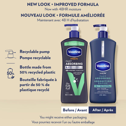 Vaseline Men 3 in 1 Body, Face & Hands Lotion 48 H Dry skin moisturizer, Fast Absorbing with Ultra hydrating lipids, 600 ml (3-pack) - Available at All In One Marketplace Canada