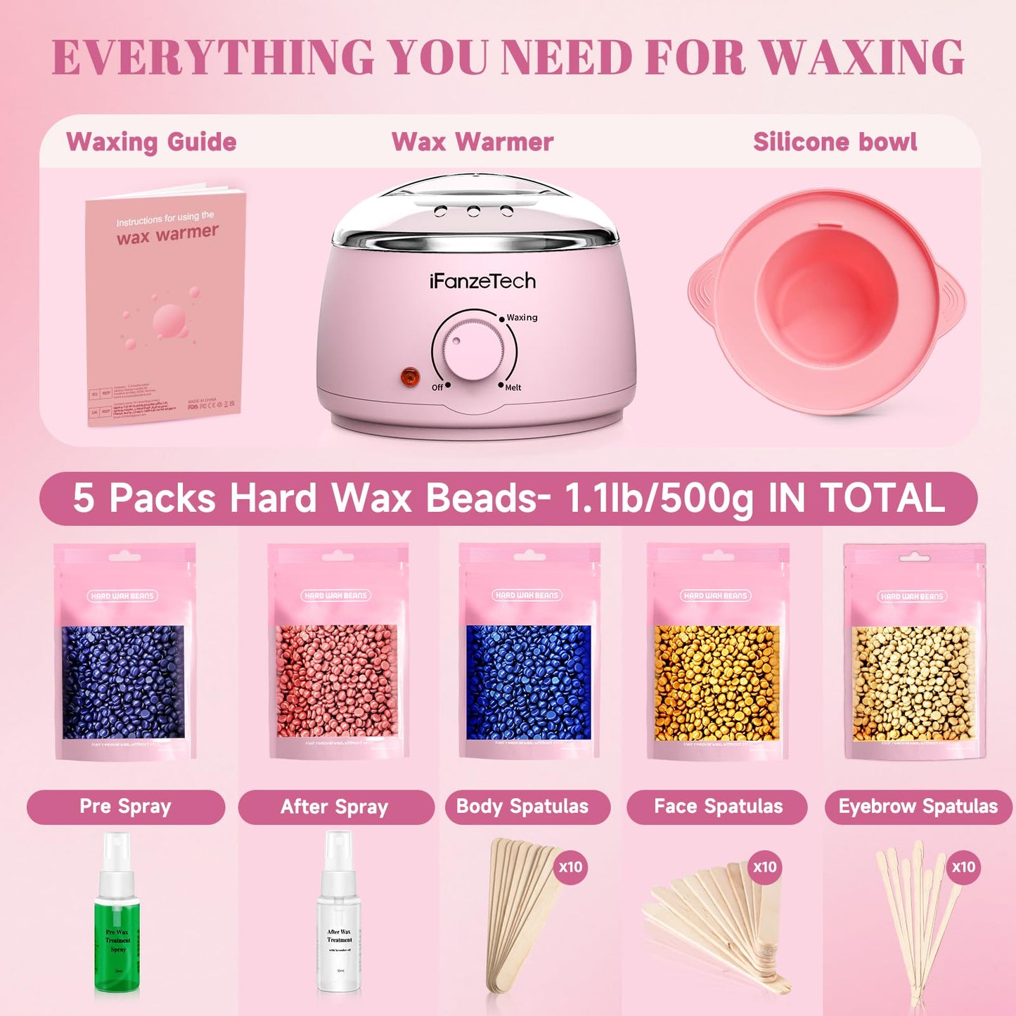Waxing Kit for Women & Men: Wax Kit Wax Warmer for Hair Removal with 5 Packs Hard Wax Beads & Wax Pot, At-Home Wax Melt Warmer for Brazilian Bikini, Legs & Body, Ideal for Sensitive Skin & Beginners