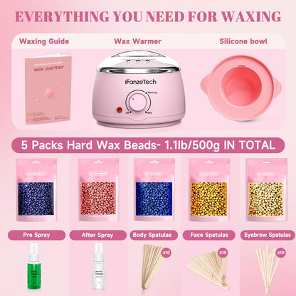 Waxing Kit for Women & Men: Wax Kit Wax Warmer for Hair Removal with 5 Packs Hard Wax Beads & Wax Pot, At-Home Wax Melt Warmer for Brazilian Bikini, Legs & Body, Ideal for Sensitive Skin & Beginners