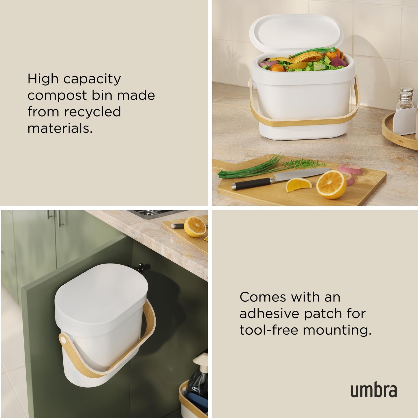 Umbra Bellwood Kitchen Compost Bin – White/Natural, Countertop or Cabinet Mounted, 4L Compost Container with Hidden Bag Retainer, BPA-Free & Dishwasher Safe| Bellwood Collection Umbra