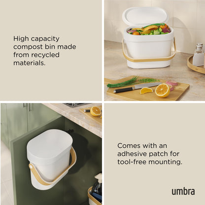 Umbra Bellwood Kitchen Compost Bin – White/Natural, Countertop or Cabinet Mounted, 4L Compost Container with Hidden Bag Retainer, BPA-Free & Dishwasher Safe| Bellwood Collection Umbra