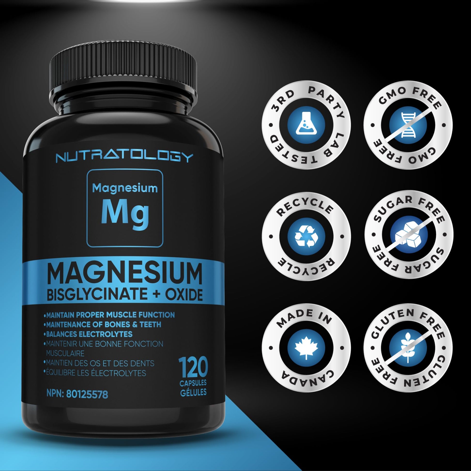 Nutratology® Magnesium Bisglycinate + Oxide | Canadian-Made | Relaxes Muscles, Improves Sleep Quality, Maintains Proper Muscle Functions & Enhances Bone Density | 250MG Per Capsule | 120 Capsules