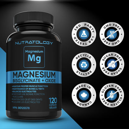 Nutratology® Magnesium Bisglycinate + Oxide | Canadian-Made | Relaxes Muscles, Improves Sleep Quality, Maintains Proper Muscle Functions & Enhances Bone Density | 250MG Per Capsule | 120 Capsules