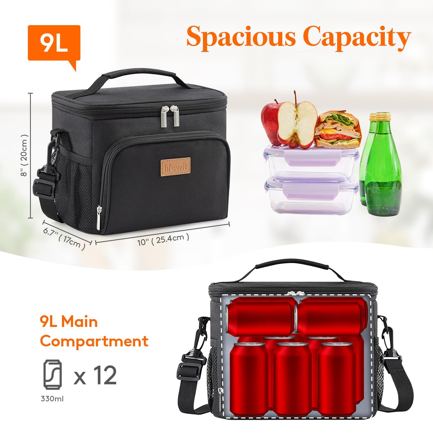 Lifewit Insulated Lunch Bag for Men, Reusable Lunch Box Women, Portable Cooler Freezable Soft Tote Bag Leakproof with Adjustable Shoulder Strap for Adult/Kid for Work/Picnic/School,Black 9L