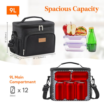 Lifewit Insulated Lunch Bag for Men, Reusable Lunch Box Women, Portable Cooler Freezable Soft Tote Bag Leakproof with Adjustable Shoulder Strap for Adult/Kid for Work/Picnic/School,Black 9L