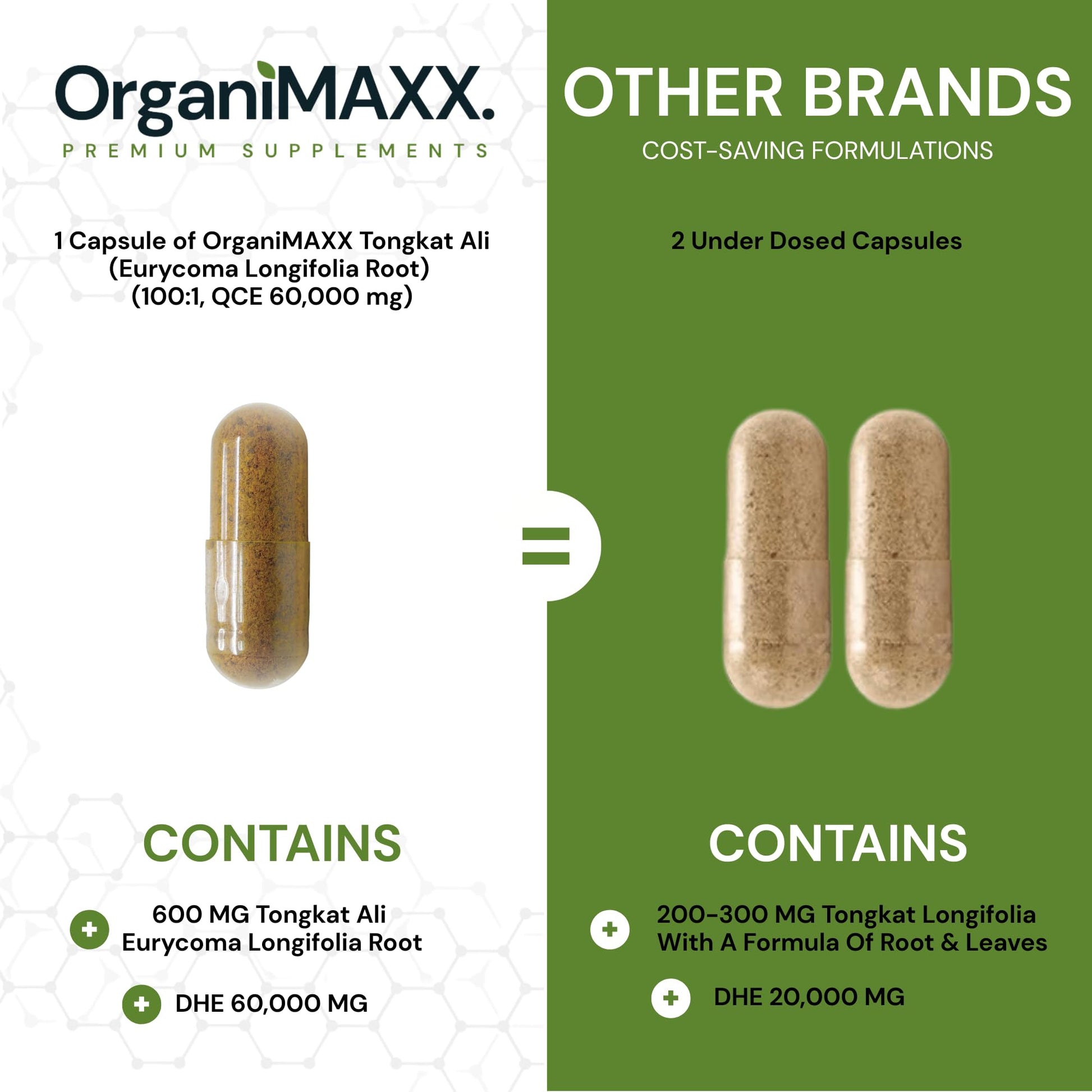 6X Strength Tongkat Ali 600 MG PER SINGLE CAPSULE 60,000 MG Equivalent 100:1 Extract Ratio Highest Potency, OrganiMAXX Longjack Eurycoma Longifolia Non-GMO Premium Tongkat Ali Supplement For Men. - Available at All In One Marketplace Canada