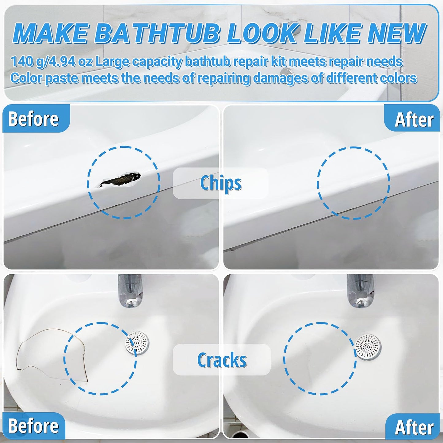 Bathtub Repair Kit 140g (Color Match), TUFINEIN Porcelain Repair Kit for Fiberglass, Enamel, Ceramic, Acrylic Repair and Fix Chips, Cracks, Scratches, Holes on Tub/Tile/Sink/Shower Tray/Shower - Available at All In One Marketplace Canada