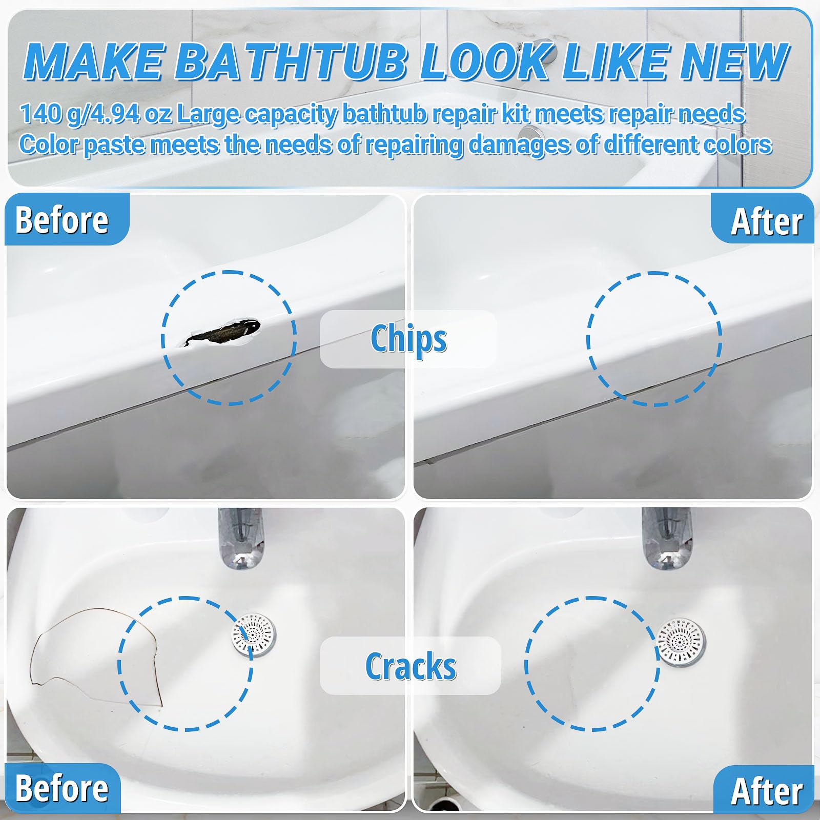 Bathtub Repair Kit 140g (Color Match), TUFINEIN Porcelain Repair Kit for Fiberglass, Enamel, Ceramic, Acrylic Repair and Fix Chips, Cracks, Scratches, Holes on Tub/Tile/Sink/Shower Tray/Shower - Available at All In One Marketplace Canada