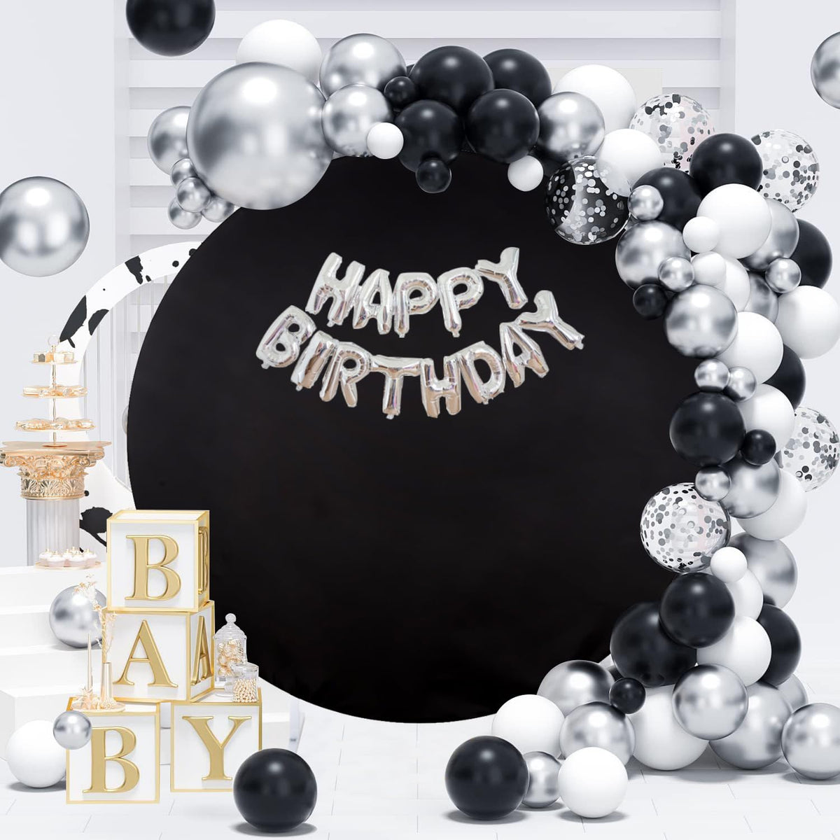 Black Round Backdrop Cover Circle Halloween Photography Party Background 7.2x7.2ft Birthday Backdrop for Halloween Party Baby Shower Decor