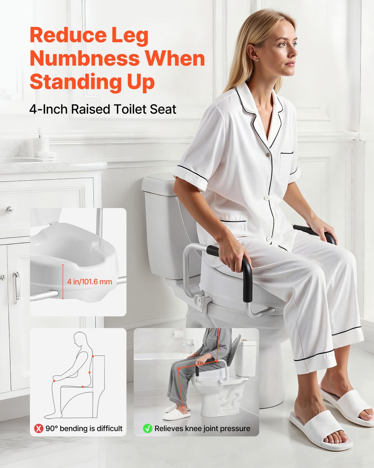 VEVOR Raised Toilet Seat with Arms, 300 lbs Load Capacity, 4-Inch Lift Height, Widened Commode Elevated Toilet Seat Riser with Padded Handles for Seniors, Elderly, Handicap, Disabled, and Adults Use VEVOR