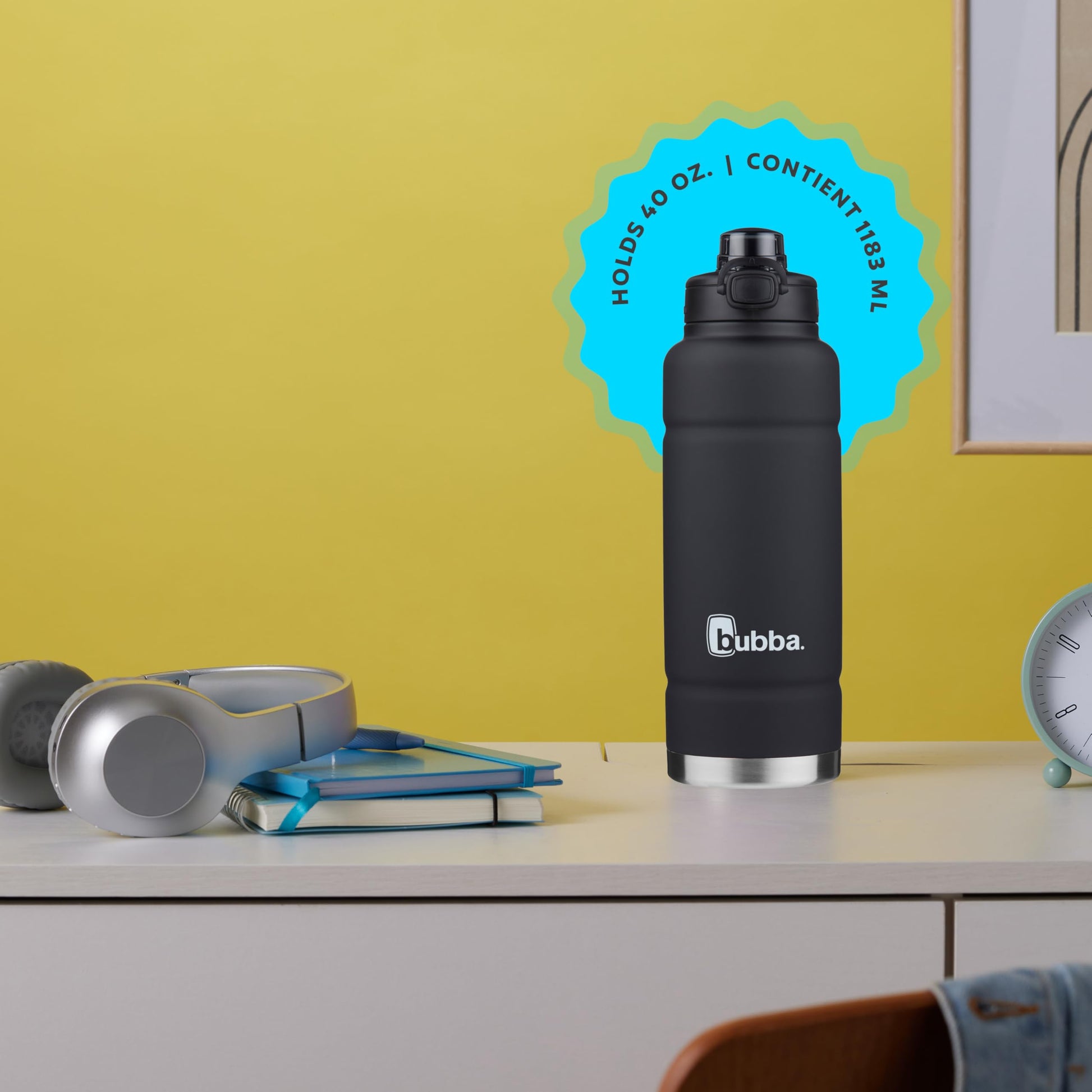 bubba Trailblazer Stainless Steel Water Bottle with Push Button Lid, 40 oz (1.18 L), Vacuum-Insulated, Rubberized Licorice - Available at All In One Marketplace Canada