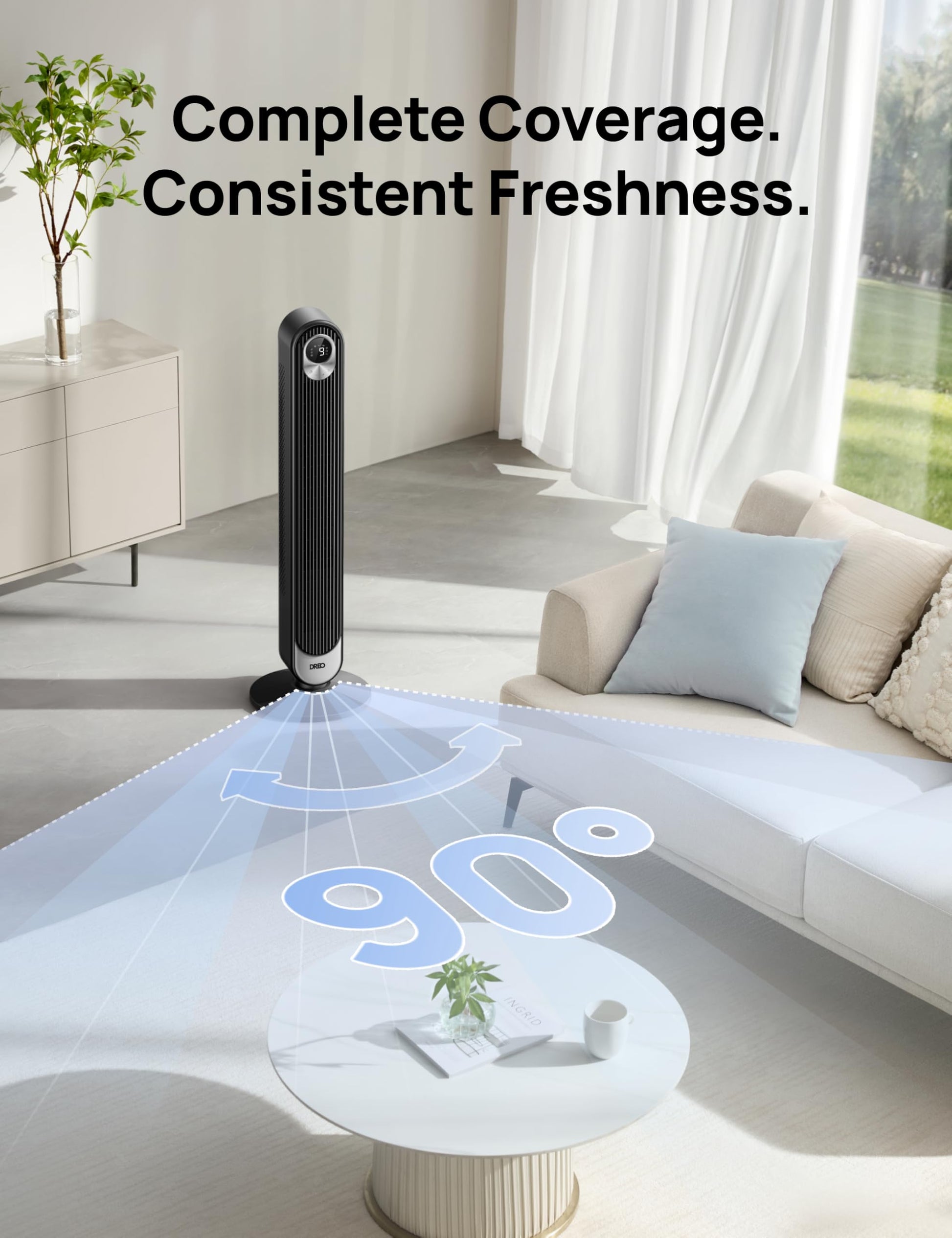 DREO Tower Fan for Bedroom, DC Motor, 28 ft/s, 20dB Quiet Oscillating Bladeless Fan with Remote, 9 Speeds, 4 Modes, 12H Timer, LED Display, Standing Floor Fan Powerful for Indoor Home Office Room