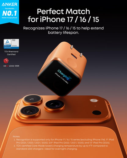 Anker Smart Display Charger,Anker Nano 45W Fast Charging USB C Charger with Smart Recognition,Built-in Care Mode,Compact with 180° Foldable Plug,for iPhone 17/16/15 Series,MacBook,Apple Watch (Orange) - Available at All In One Marketplace Canada
