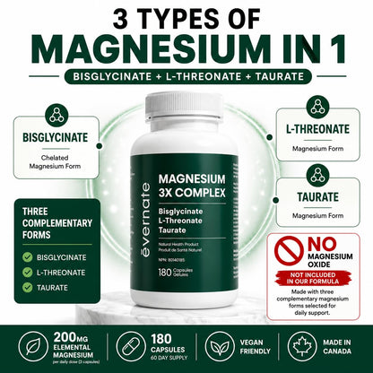 ALL-IN-ONE Magnesium Complex – Magnesium Glycinate (Bisglycinate) Chelated, L-Threonate & Taurate (200mg Elemental per Daily Dose) – Sleep, Stress, Muscle & Heart Support – High Absorption Magnesium Supplement – 180 Vegan Capsules – Made in Canada - Available at All In One Marketplace Canada
