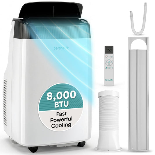 SereneLife Portable Electric Air Conditioner Unit-900W 8000 BTU Power Plug-in AC Cold Indoor Room Conditioning System with Cooler, Dehumidifier, Fan, Exhaust Hose, Window Seal, Wheels, Remote (SLPAC8) - Available at All In One Marketplace Canada