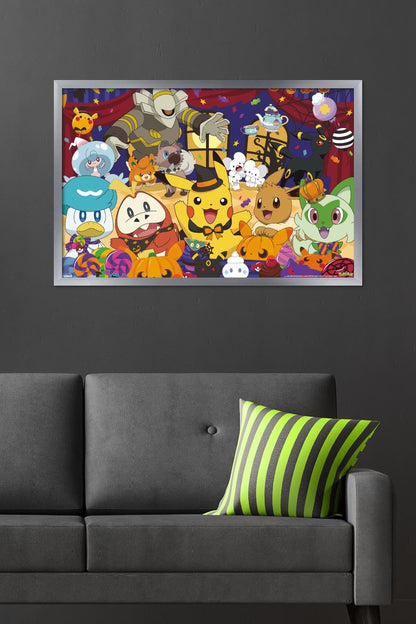 Pokémon : Fête d'Halloween - Affiche murale de groupe, 34"L x 22,4"l, version cadre argenté