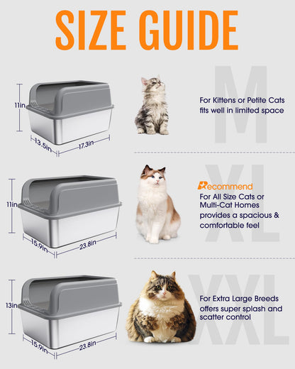 Powools Stainless Steel Cat Litter Box for Kittens, Metal Kitty Litter Box with Scoop, Anti-Leakage Top Entry, Non-Sticky, Easy to Clean, Grey, M (1 Pack) - Available at All In One Marketplace Canada