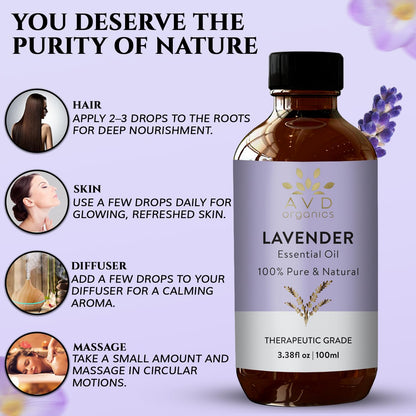 AVD Organics Lavender Essential Oils 100ml | 100% Pure & Natural Lavender Oil Skin | Massage, Aromatherapy, Diffuser, Laundry & Meditation | 3.38 fl. oz