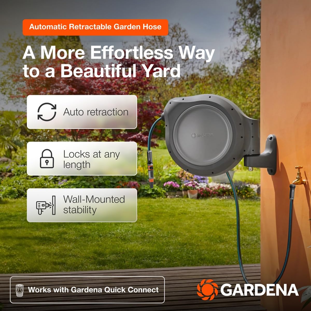GARDENA 20502-80, Retractable Garden Hose Reel 75' x 1/2" Hose, Wall Mounted, Automatic Retraction & Length Lock for Easy Watering. Heavy Duty Swivel Bracket 180°, Includes Nozzle. Made in Europe 🍁 All In One Marketplace Canada GARDENA