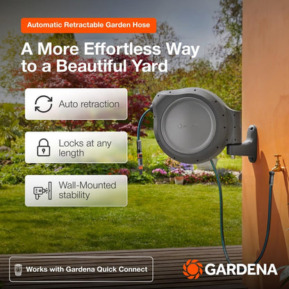 GARDENA 20502-80, Retractable Garden Hose Reel 75' x 1/2" Hose, Wall Mounted, Automatic Retraction & Length Lock for Easy Watering. Heavy Duty Swivel Bracket 180°, Includes Nozzle. Made in Europe 🍁 All In One Marketplace Canada GARDENA