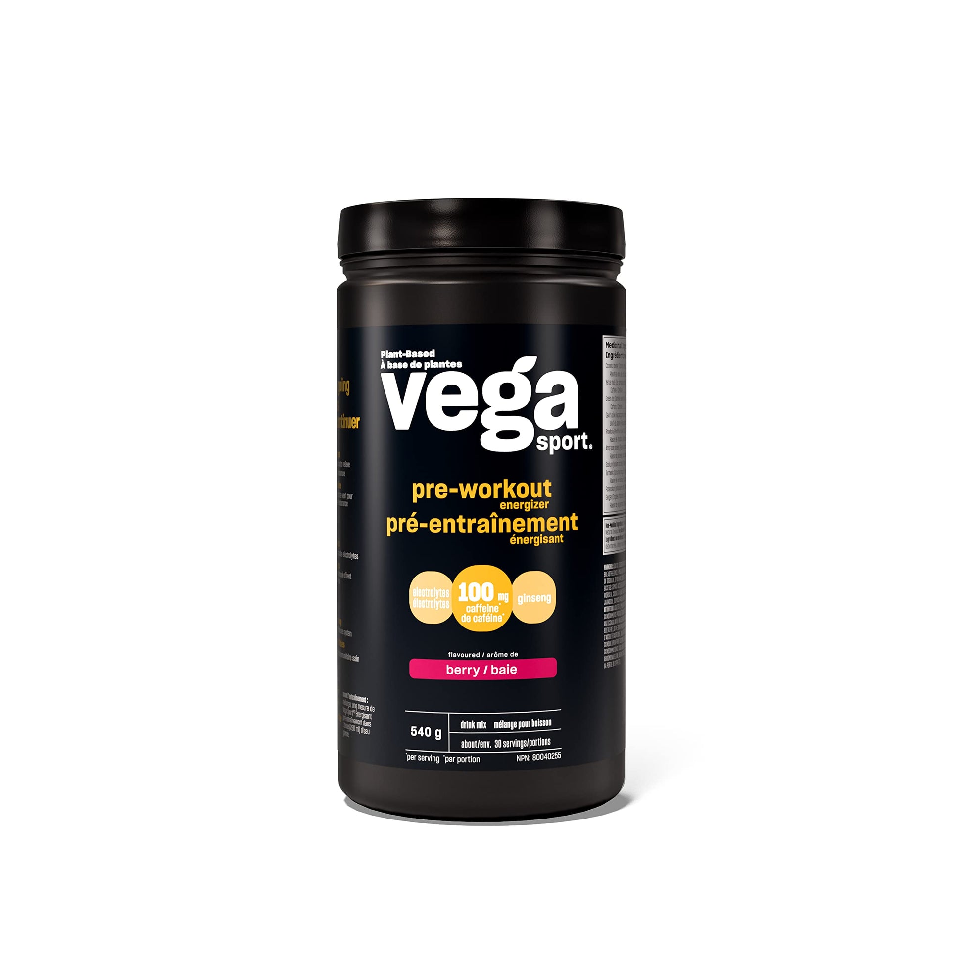 Vega Sport Pre-Workout Energizer, Berry (30 Servings) Vegan Preworkout Energy Powder, Gluten Free, 100mg Caffeine, Non GMO, 540g (Packaging May Vary) Vega