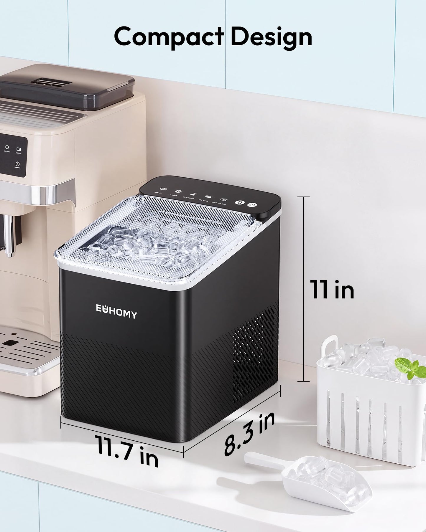 EUHOMY Countertop Ice Maker, 26.5 lbs/24H Portable Ice Machine with Ice Scoop & Basket, Fast 6-10 Mins Ice Making, 2 Ice Sizes, Ideal for Home, Kitchen, RV, Party EUHOMY