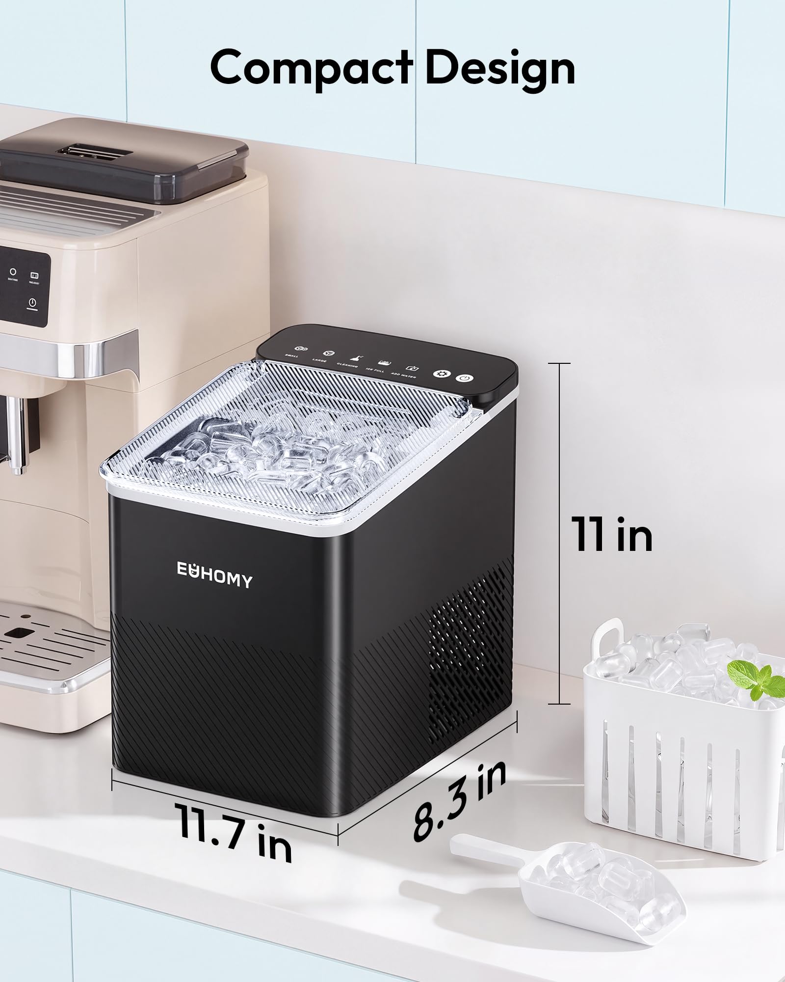 EUHOMY Countertop Ice Maker, 26.5 lbs/24H Portable Ice Machine with Ice Scoop & Basket, Fast 6-10 Mins Ice Making, 2 Ice Sizes, Ideal for Home, Kitchen, RV, Party EUHOMY