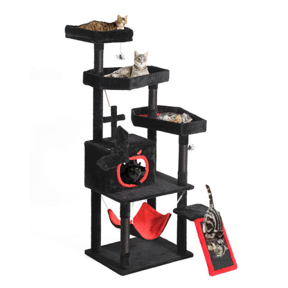 YITAHOME Gothic Cat Tree with Coffin Bed, 63" Tall Cat Tower for Indoor Cats with Top Perch, Spacious Cat Condos, Spider Hanging Balls,Comfy Hammock, Halloween Scratching Post and Ladder, Black