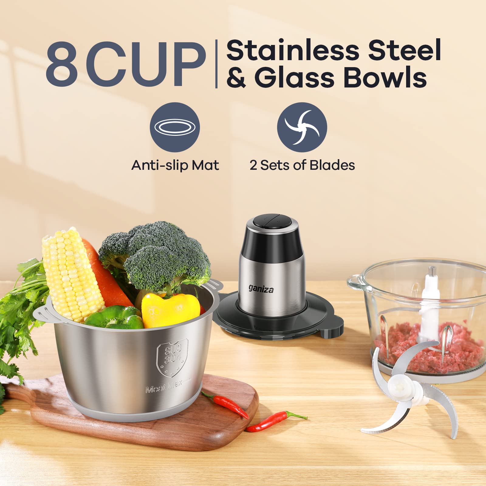 GANIZA Food Processors, Electric Food Chopper with Meat Grinder & Vegetable Chopper - 2 Bowls (8 Cup+8 Cup) with Powerful 450W Copper Motor - Includes 2 Sets of Bi-Level Blades for Fruits/Meat/Nuts - Available at All In One Marketplace Canada