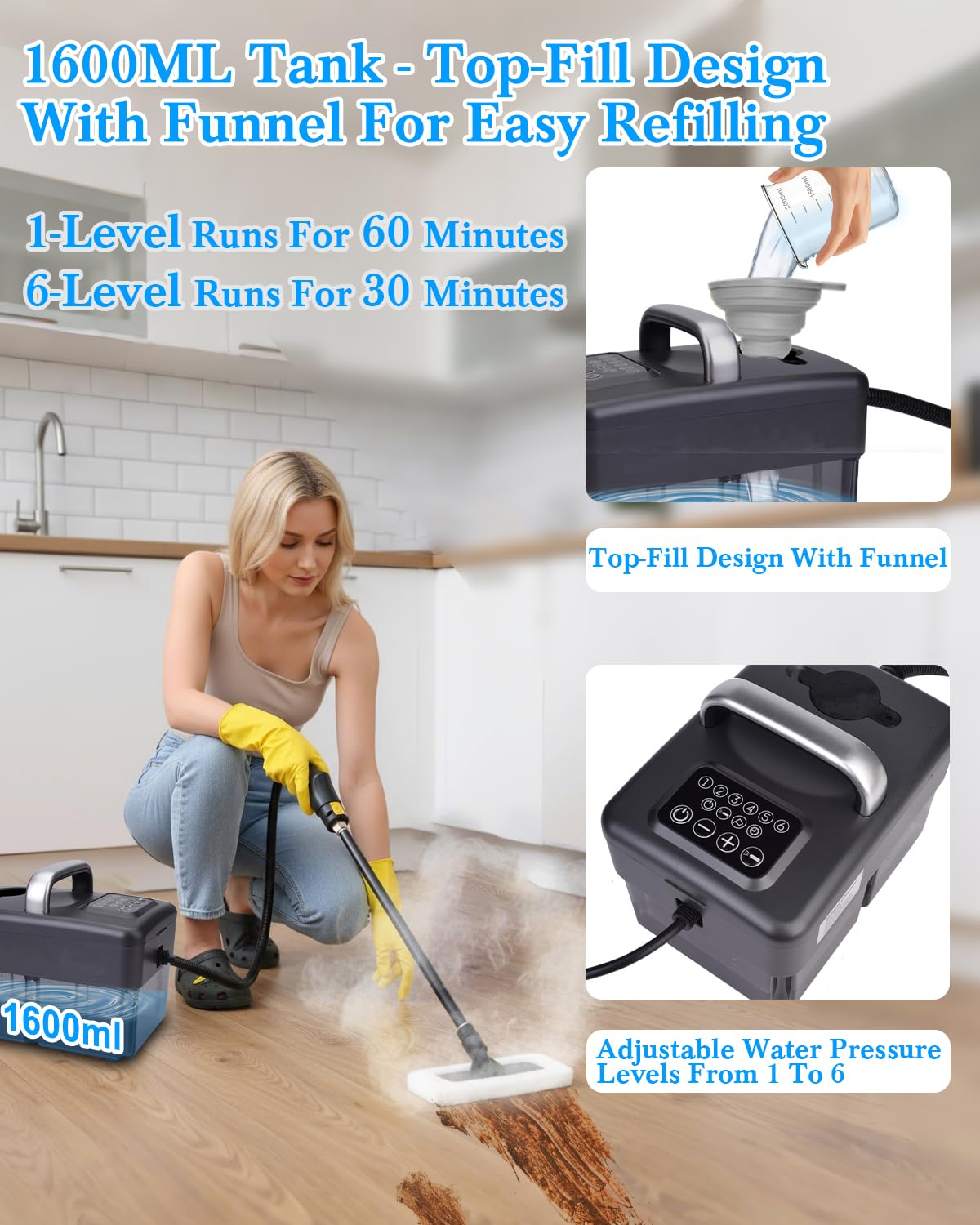 Steam Cleaner for Home - 1600ML Water Tank 15s Heat-Up Portable Steamer for Cleaning, 6 Level Adjustable, 2500W, 45PSI, 250°F Steam, Handheld Steam Cleaner for Car Detailing, Grease, Tile,Grout - Available at All In One Marketplace Canada