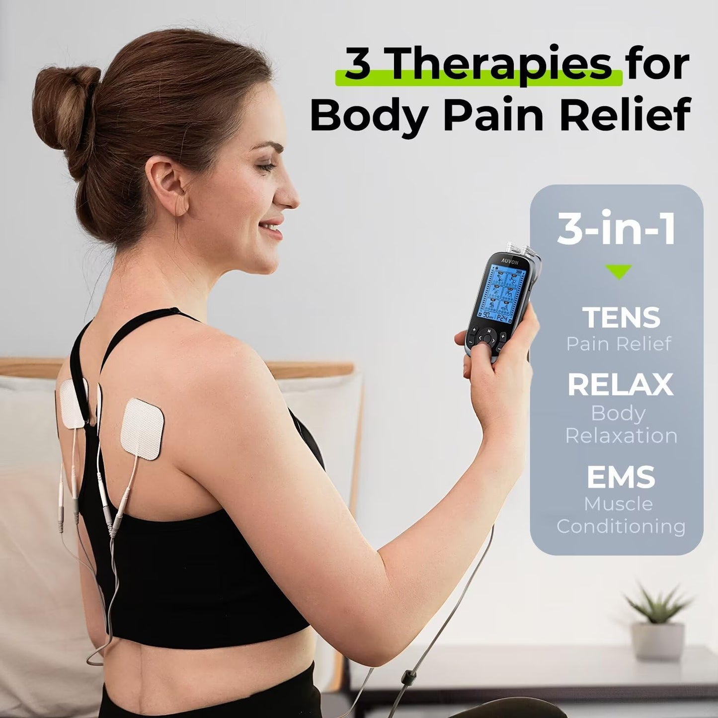 AUVON 3-in-1 TENS Machine, TENS EMS Muscle Stimulator with 40 Intensities for Gradual Shoulder, Sciatica, Back Pain Relief, 24 Modes Rechargeable TENS Unit Massager with 12 TENS Pads - Available at All In One Marketplace Canada