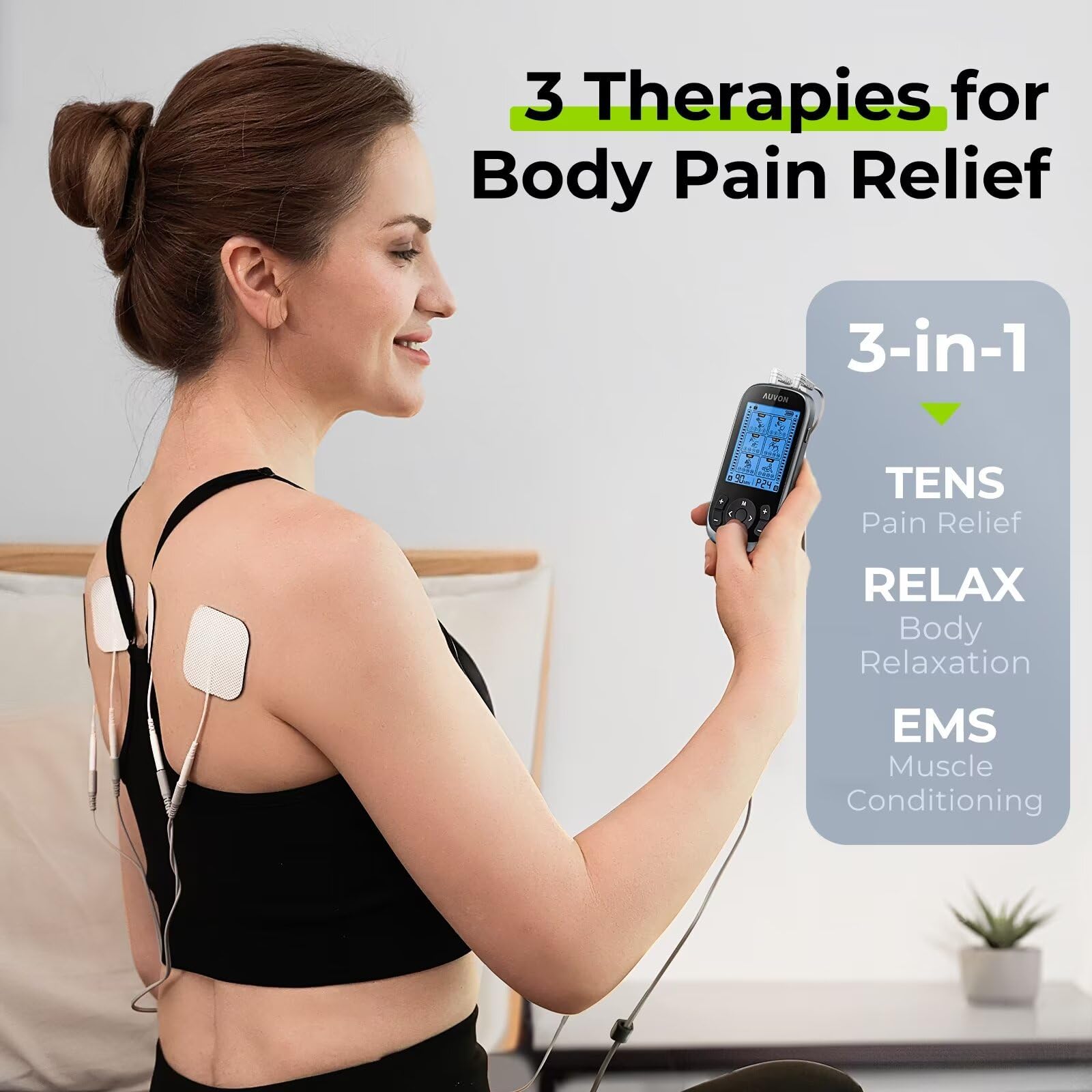 AUVON 3-in-1 TENS Machine, TENS EMS Muscle Stimulator with 40 Intensities for Gradual Shoulder, Sciatica, Back Pain Relief, 24 Modes Rechargeable TENS Unit Massager with 12 TENS Pads - Available at All In One Marketplace Canada