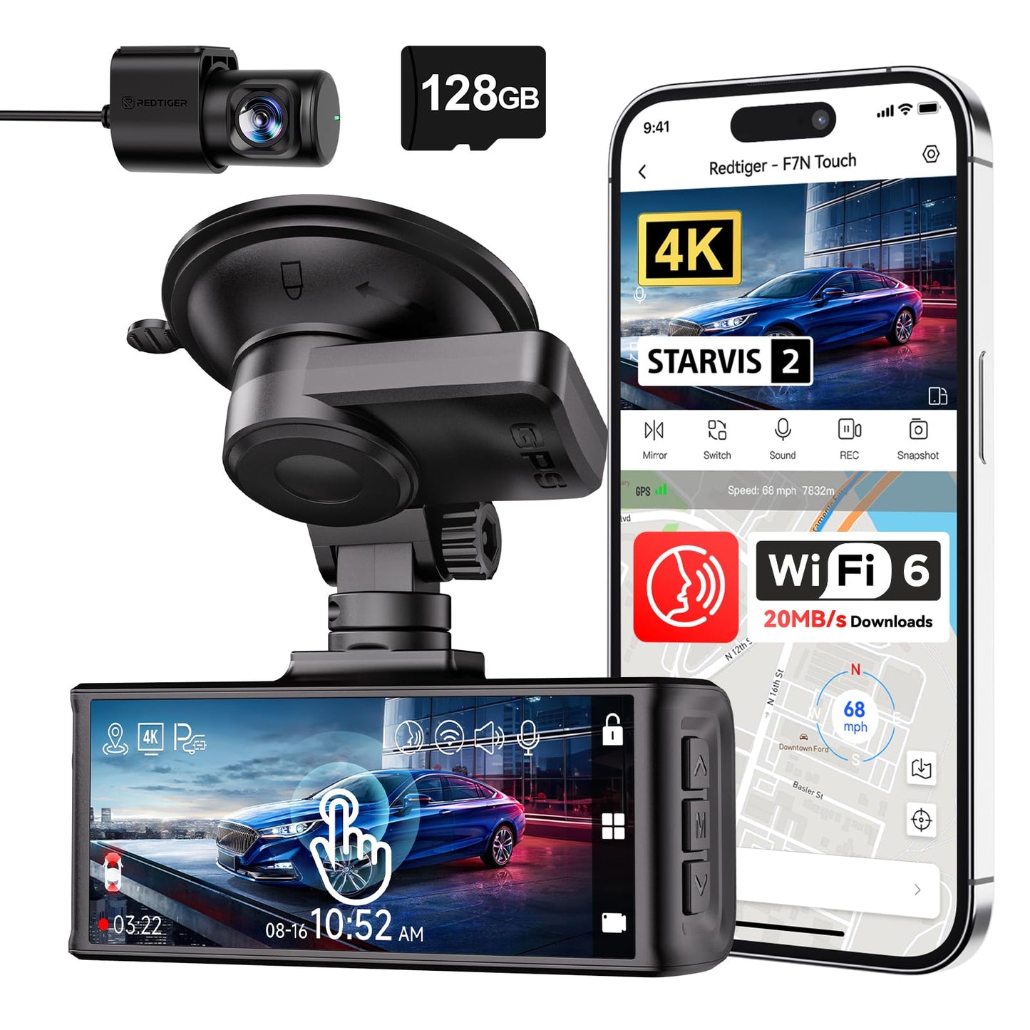REDTIGER 4K Dash Cam Front and Rear, STARVIS 2 Sensor, Touch Screen 3.18", Voice Control, 20MB/s 5.8GHz WiFi 6 Car DashCam with 128GB Card, GPS, Night Vision, Emergency Lock, Parking Mode(F7N Touch)