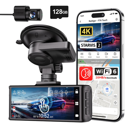 REDTIGER 4K Dash Cam Front and Rear, STARVIS 2 Sensor, Touch Screen 3.18", Voice Control, 20MB/s 5.8GHz WiFi 6 Car DashCam with 128GB Card, GPS, Night Vision, Emergency Lock, Parking Mode(F7N Touch)