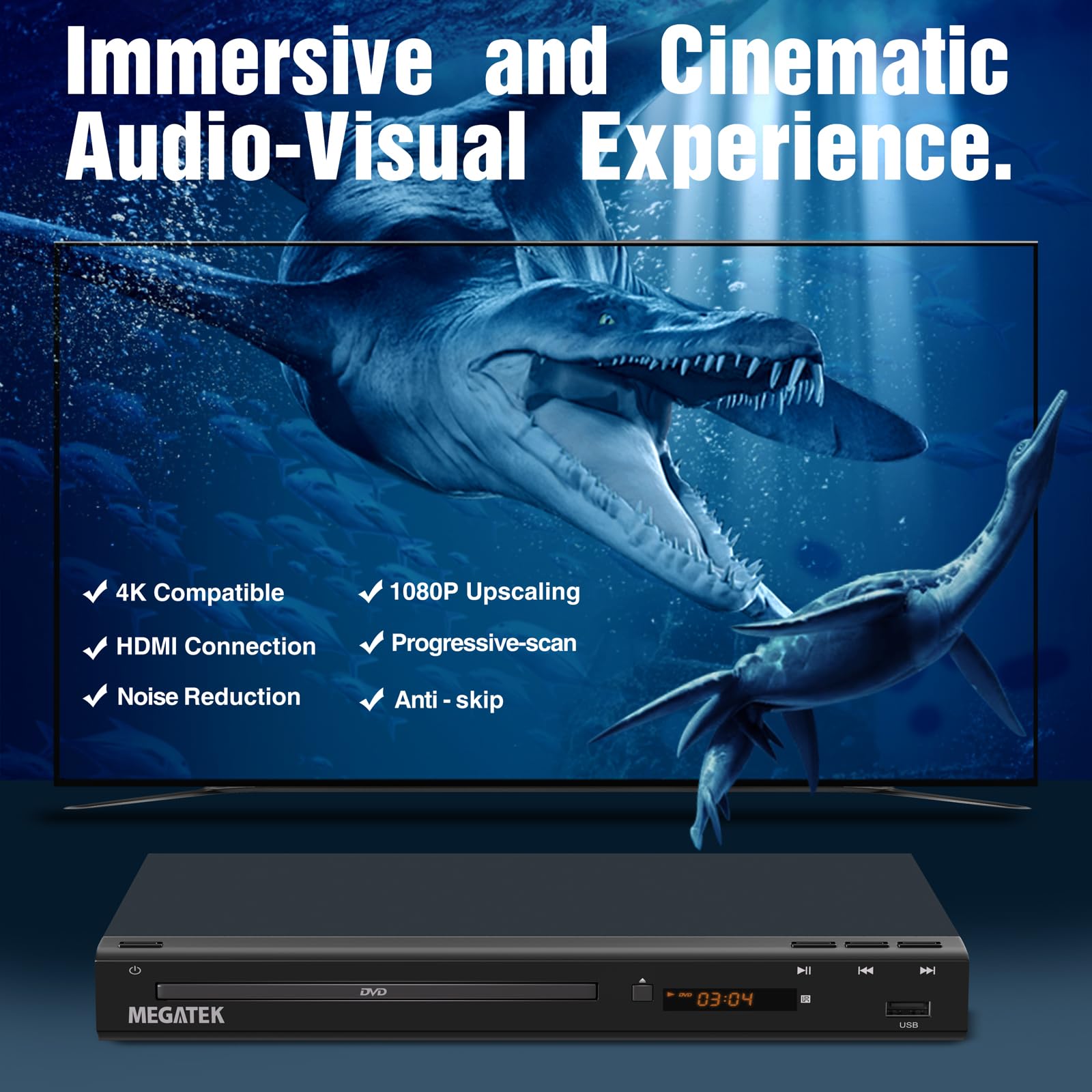 MEGATEK Region-Free HDMI DVD Player for TV, Compact CD/DVD Player with USB Port, Plays All Region DVDs & Multi Formats, Metal Housing, HDMI/RCA Cables & Remote Included