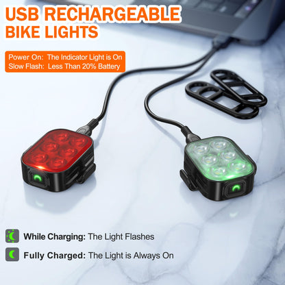 Bike Lights, Combination of Bike Front Light and Tail Light, IP65 Waterproof USB Charging, Equipped with 6 Ultra-Bright LED Beads, 4+6 Lighting Modes, Suitable for Riding at Night