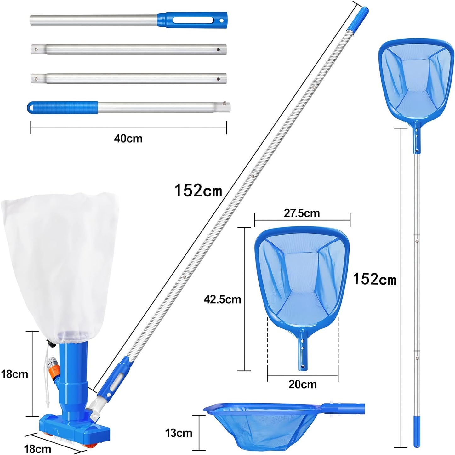 60" Portable Pool Vacuum Jet Underwater Cleaner and Leaf Skimmer Net (No Garden Hose Included), 4 Section Pole of Hand Held Portable Vacuum Pool Cleaner for Above Ground Pool Spa Pond Fountain Hot Tub
