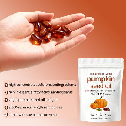 KITABIO Pumpkin Seed Oil Capsules | Pumpkin Seed Oil with Saw Palmetto - Cold-Pressed | Easy-to-Swallow Softgels – Resealable Package | Non-GMO - 180 Pc/1 Bag (Z-1) - Available at All In One Marketplace Canada