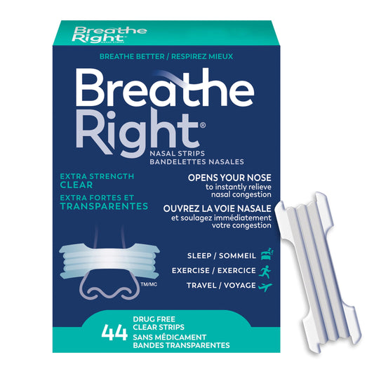 Breathe Right Nasal Strips, Extra Strength, Clear, Sensitive Skin, Drug-Free Snoring Solution & Nasal Congestion Relief Caused by Colds & Allergies, Nightly Sleep, 44 Count - Available at All In One Marketplace Canada