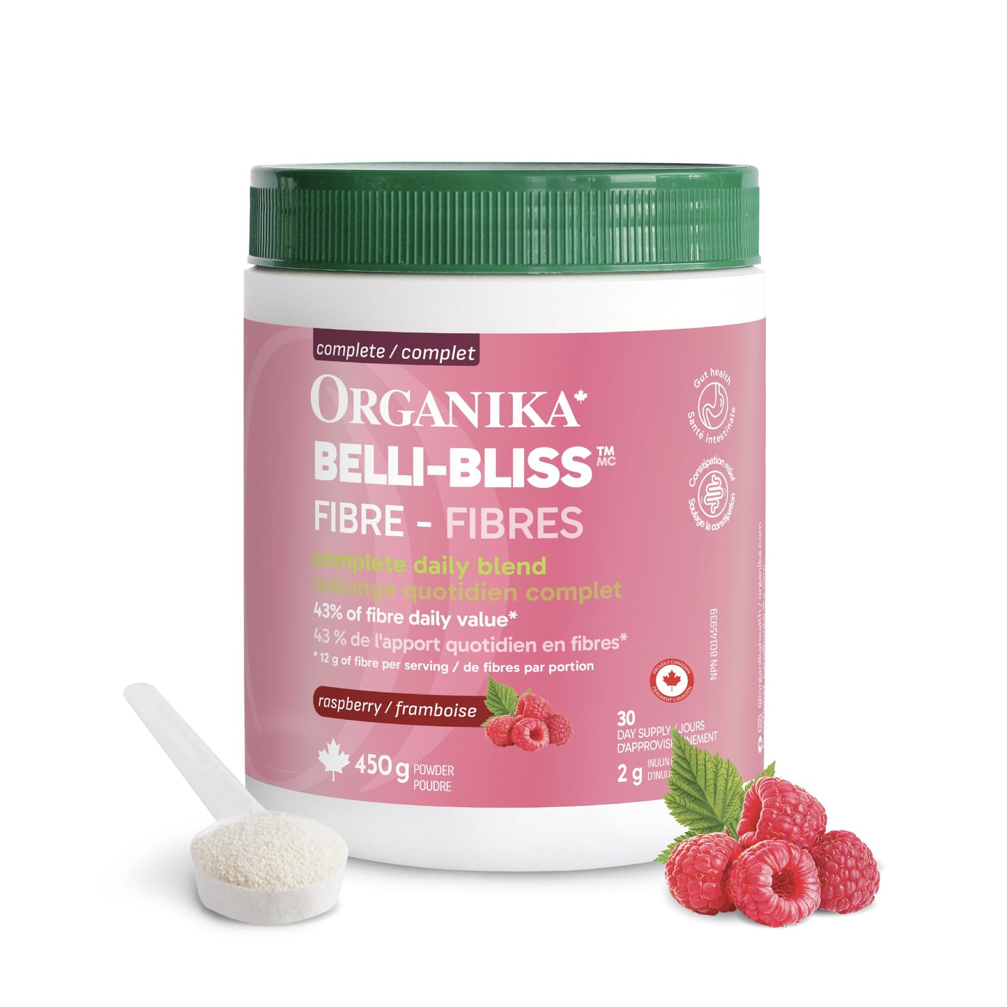 Organika Canadian-Made Belli Bliss Fibre | High Fibre Blend, 4 Diverse Sources of Fibre | Supports Digestive Health, Constipation Relief, Weight Control - Raspberry, 450g 🍁 All In One Marketplace Canada