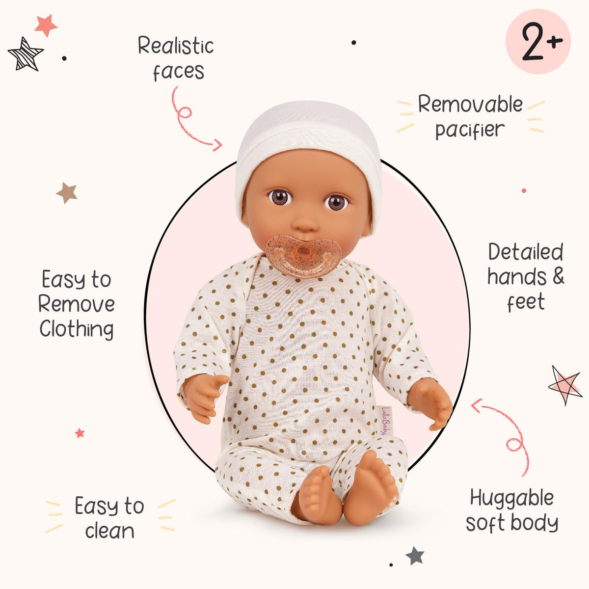 LullaBaby – 14-Inch Realistic Baby Doll – Olive Skin Tone & Brown Eyes – Soft Body & Removable Outfit – Ivory Hat & Pacifier Accessories 2+ Years– Baby Doll – Ivory Polka Dot Pajama